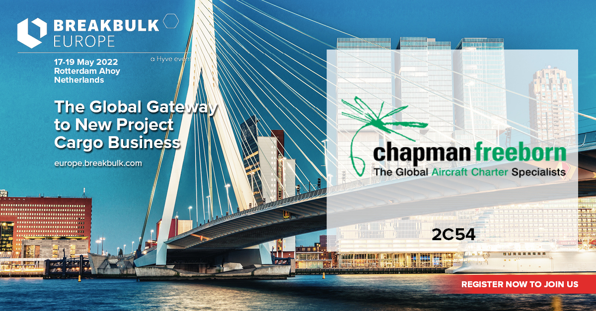 An image of Rotterdam with the Breakbulk Europe details, Chapman Freeborn's logo and their stand number at the event