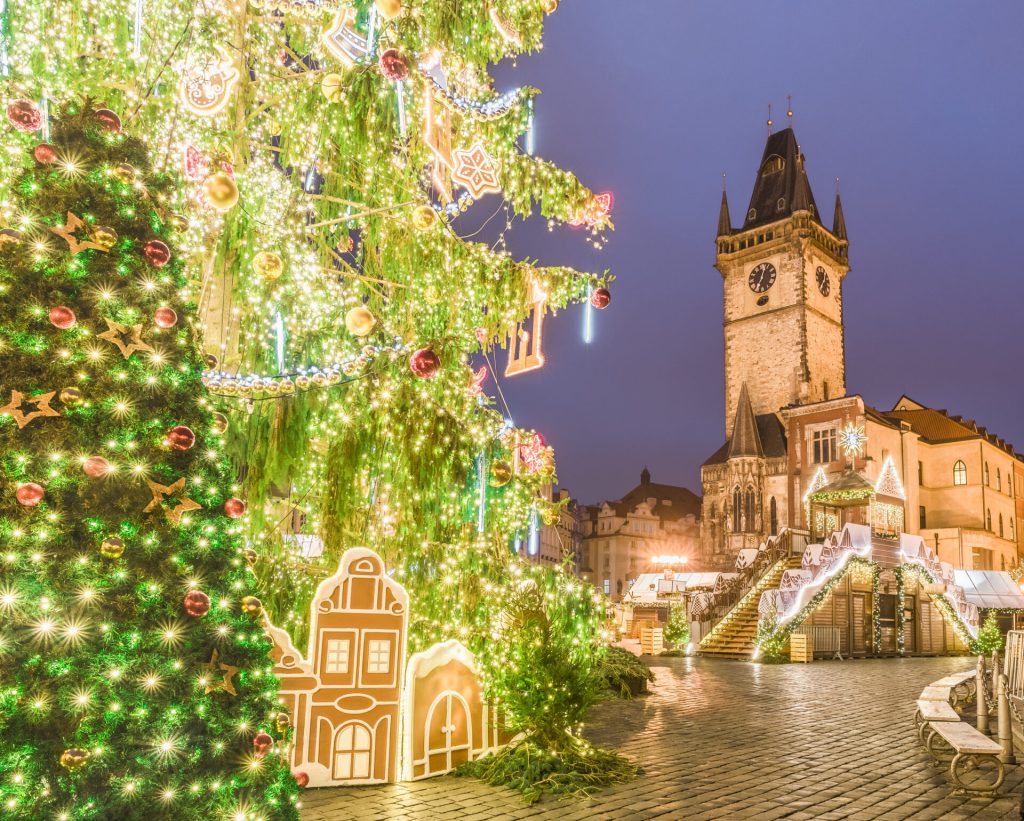 Christmas,Tree,In,Magical,City,Of,Prague,At,Night,,Czech
